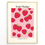 Load image into Gallery viewer, Fruit Market poster with red strawberry illustrations on a pink background in a golden frame.
