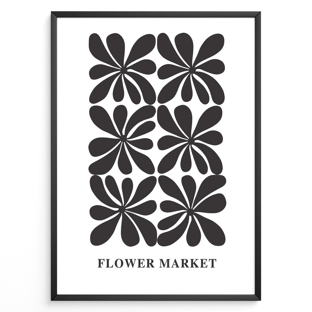 Minimal Bloom Plakat | Flower Market Poster | Sort-hvid blomstermønster med stiliserede former