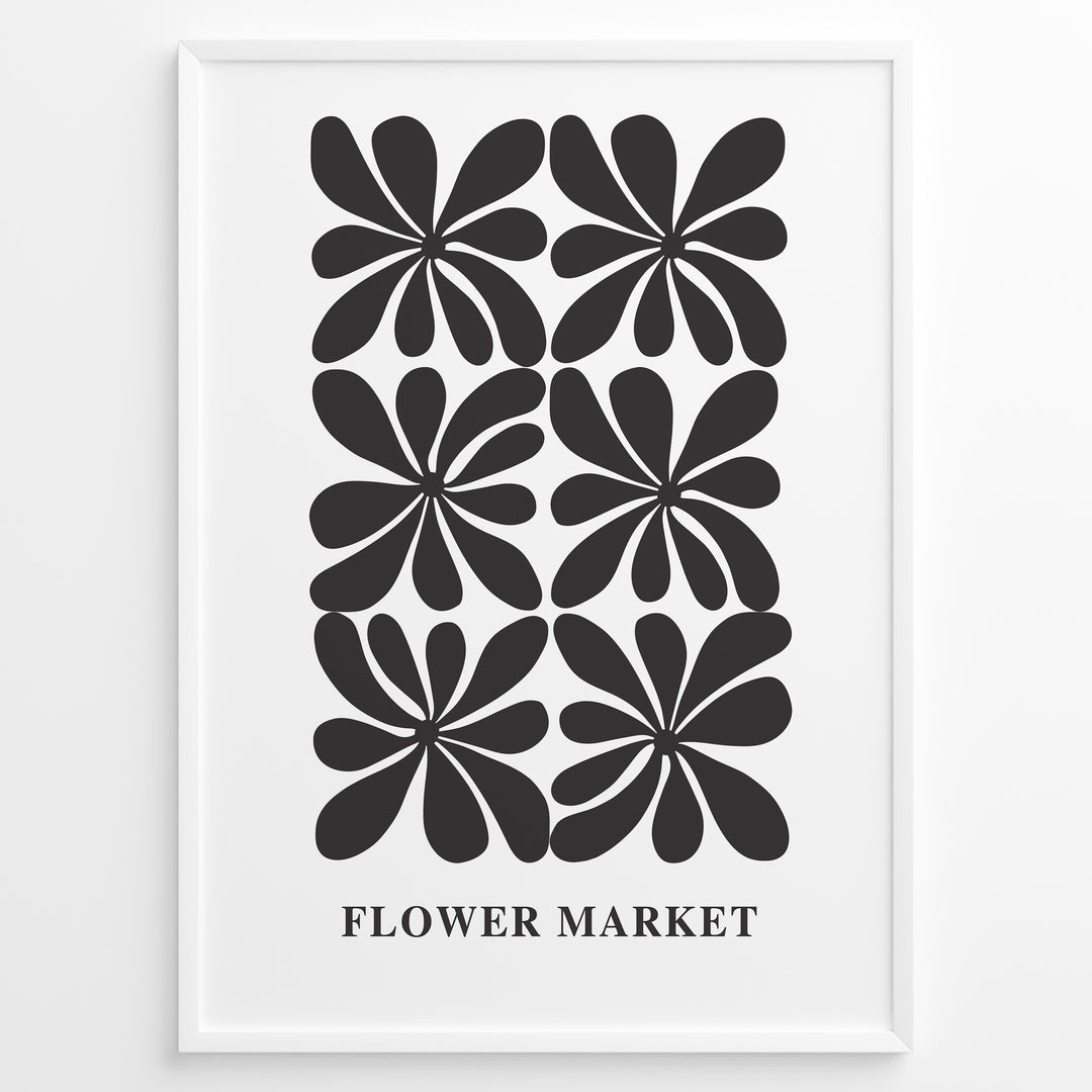 Minimal Bloom Plakat | Flower Market Poster | Sort-hvid blomstermønster med stiliserede former
