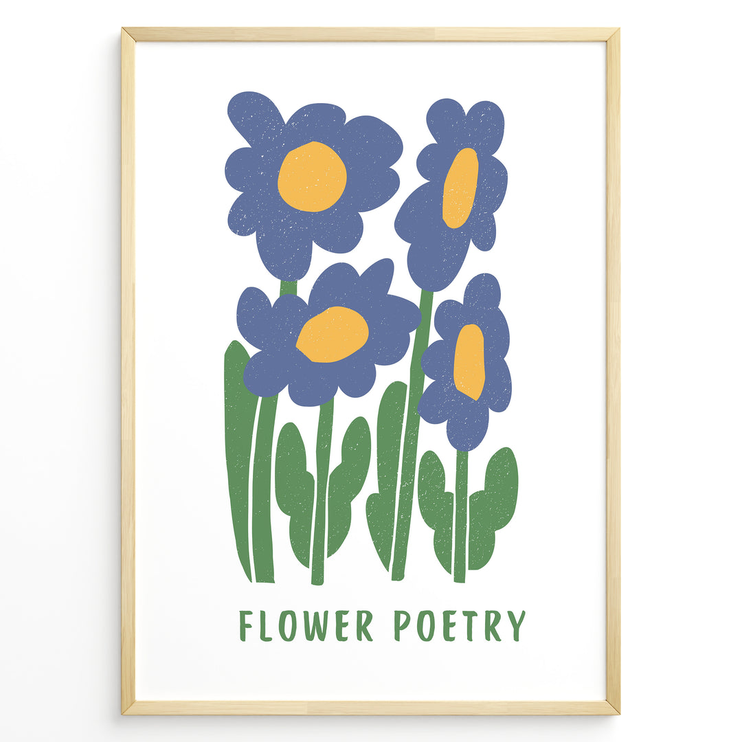 Flower Poetry Plakat | Botanisk Poster | Håndtegnet blå blomsterillustration med gul midte