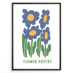 Load image into Gallery viewer, Flower Poetry Plakat | Botanisk Poster | Håndtegnet blå blomsterillustration med gul midte
