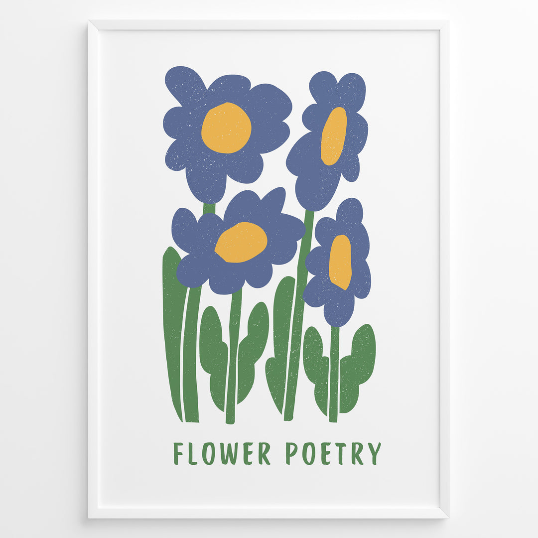Flower Poetry Plakat | Botanisk Poster | Håndtegnet blå blomsterillustration med gul midte