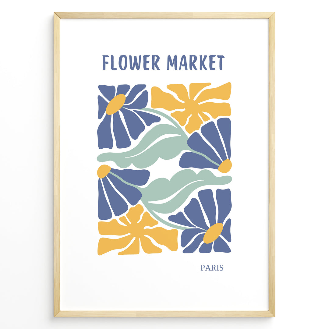 Paris Bloom Plakat | Flower Market Poster | Blå blomster med gule centre og grønne blade