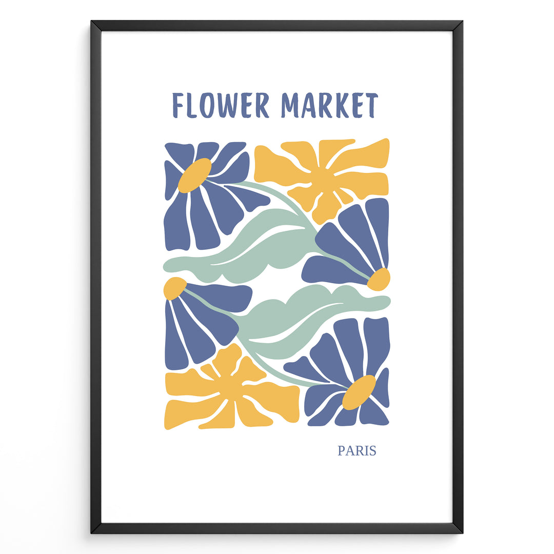 Paris Bloom Plakat | Flower Market Poster | Blå blomster med gule centre og grønne blade