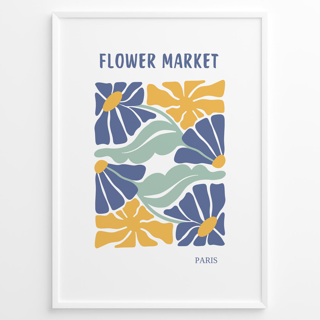 Paris Bloom Plakat | Flower Market Poster | Blå blomster med gule centre og grønne blade