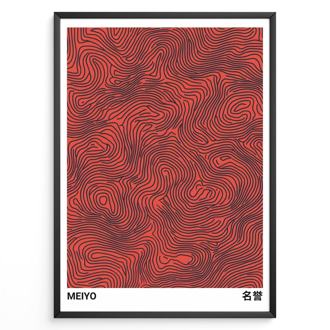 Abstract Japanese poster with black flowing line patterns on a red background, labeled “Meiyo,” framed in a black border.