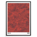 Load image into Gallery viewer, Abstract Japanese poster with black flowing line patterns on a red background, labeled “Meiyo,” framed in a black border.
