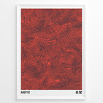 Load image into Gallery viewer, Abstract Japanese poster with black flowing line patterns on a red background, labeled “Meiyo,” framed in a black border.
