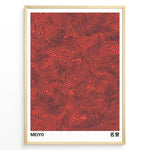 Load image into Gallery viewer, Abstract Japanese poster with black flowing line patterns on a red background, labeled “Meiyo,” framed in a black border.
