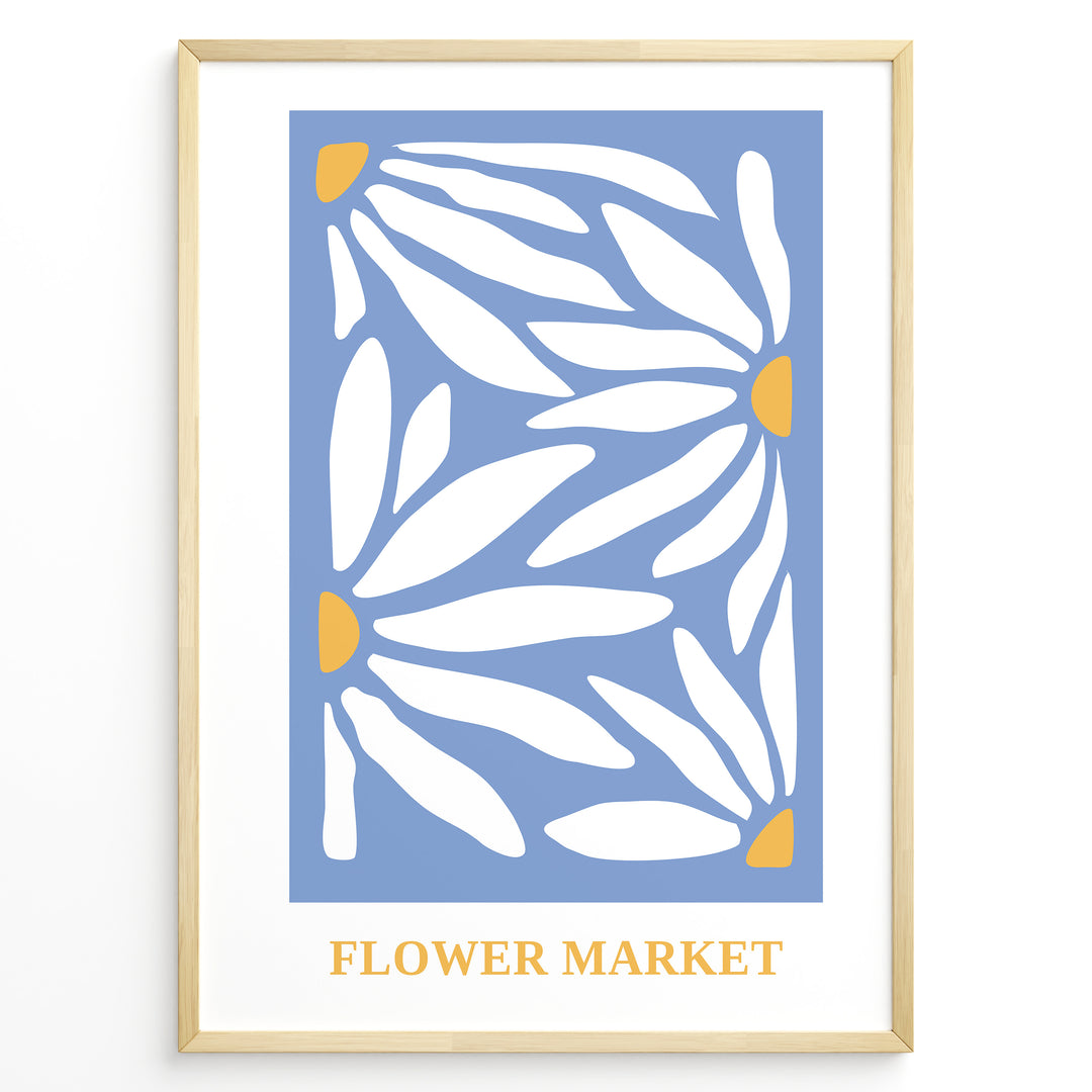 Blue Petals Plakat | Flower Market Poster | Hvide blomsterformer med gule centre på blå baggrund