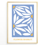 Load image into Gallery viewer, Blue Petals Plakat | Flower Market Poster | Hvide blomsterformer med gule centre på blå baggrund
