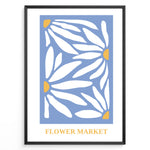 Load image into Gallery viewer, Blue Petals Plakat | Flower Market Poster | Hvide blomsterformer med gule centre på blå baggrund
