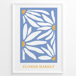 Load image into Gallery viewer, Blue Petals Plakat | Flower Market Poster | Hvide blomsterformer med gule centre på blå baggrund
