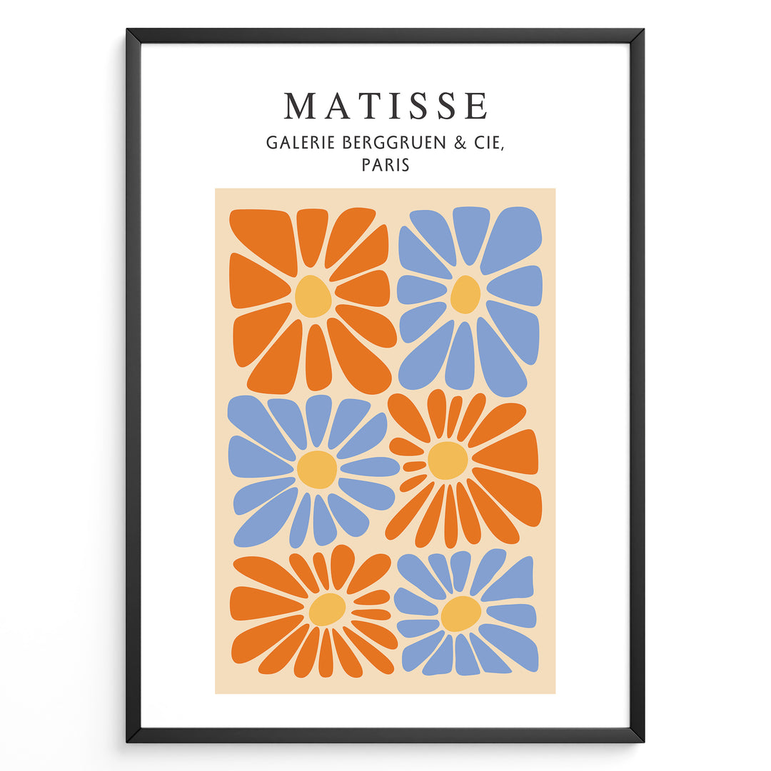 Floral Grid Plakat | Matisse Poster | Stiliserede orange og blå blomster arrangeret i et grafisk mønster