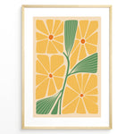 Load image into Gallery viewer, Golden Blooms Plakat | Matisse Poster | Abstrakte gule blomster med orange centre og grønne blade på beige baggrund
