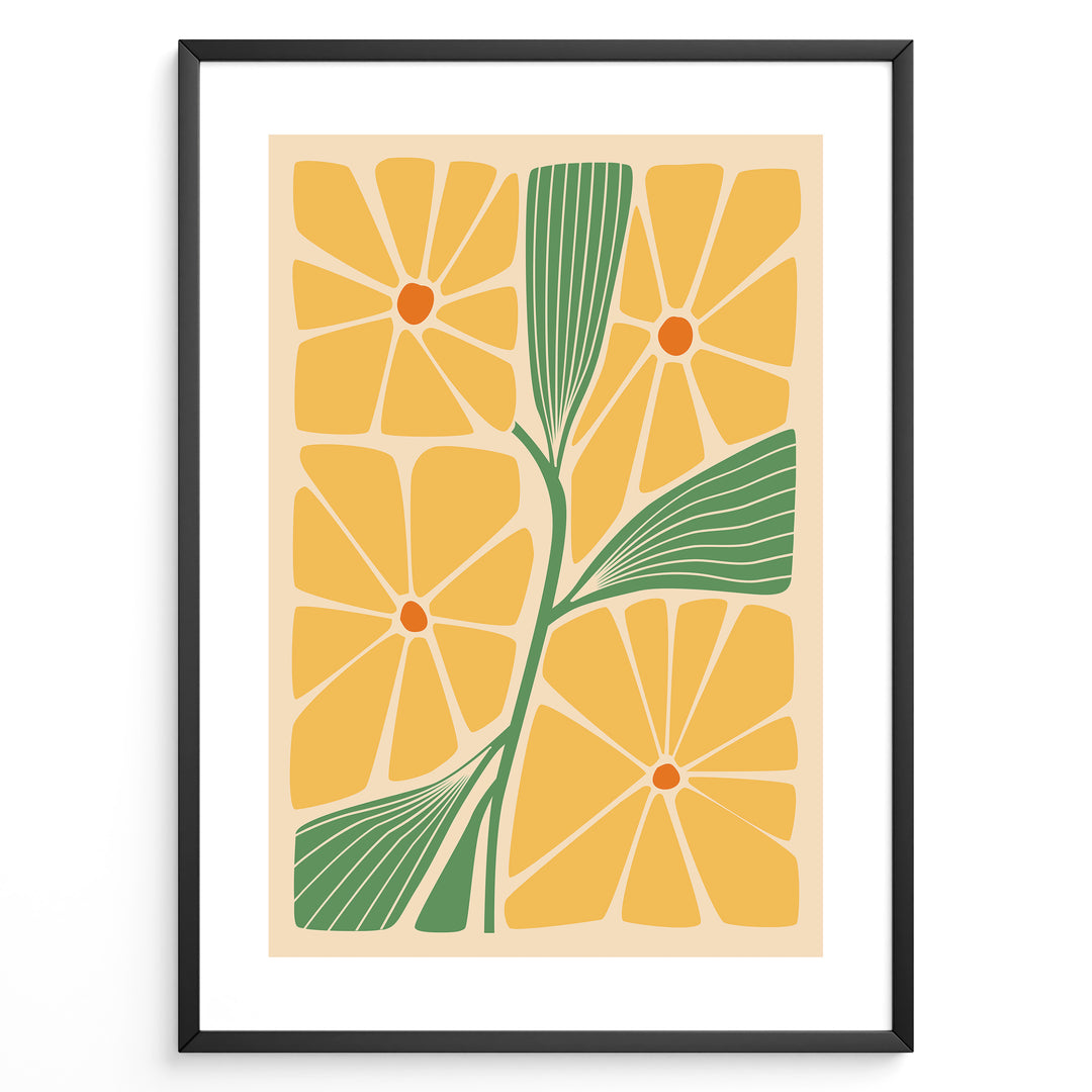 Golden Blooms Plakat | Matisse Poster | Abstrakte gule blomster med orange centre og grønne blade på beige baggrund