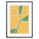 Load image into Gallery viewer, Golden Blooms Plakat | Matisse Poster | Abstrakte gule blomster med orange centre og grønne blade på beige baggrund
