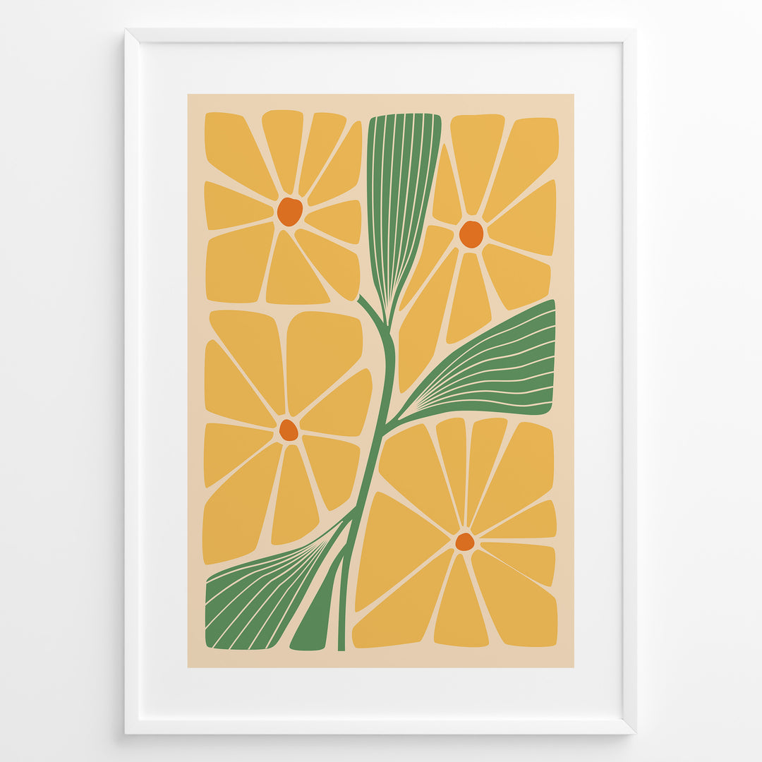 Golden Blooms Plakat | Matisse Poster | Abstrakte gule blomster med orange centre og grønne blade på beige baggrund