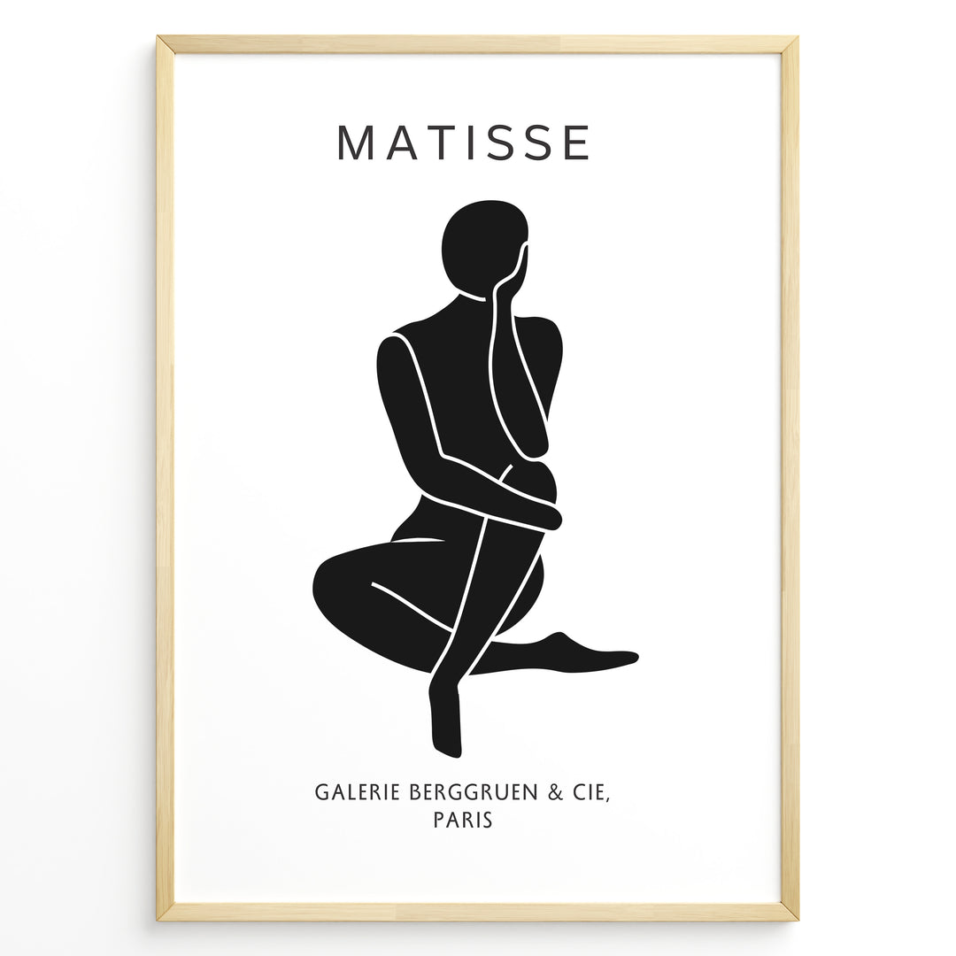 Seated Figure Plakat | Matisse Poster | Sort silhuet af siddende person med teksten "Galerie Berggruen & Cie, Paris"