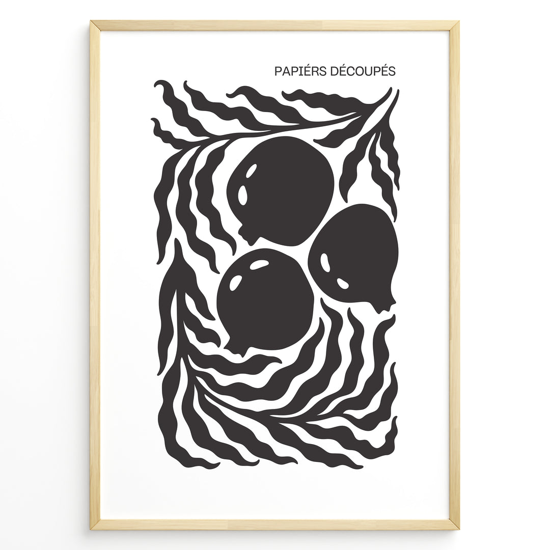 Papiers Découpés Plakat | Matisse Poster | Tre store cirkulære former omgivet af bølgende linjer i sort-hvid minimalistisk design
