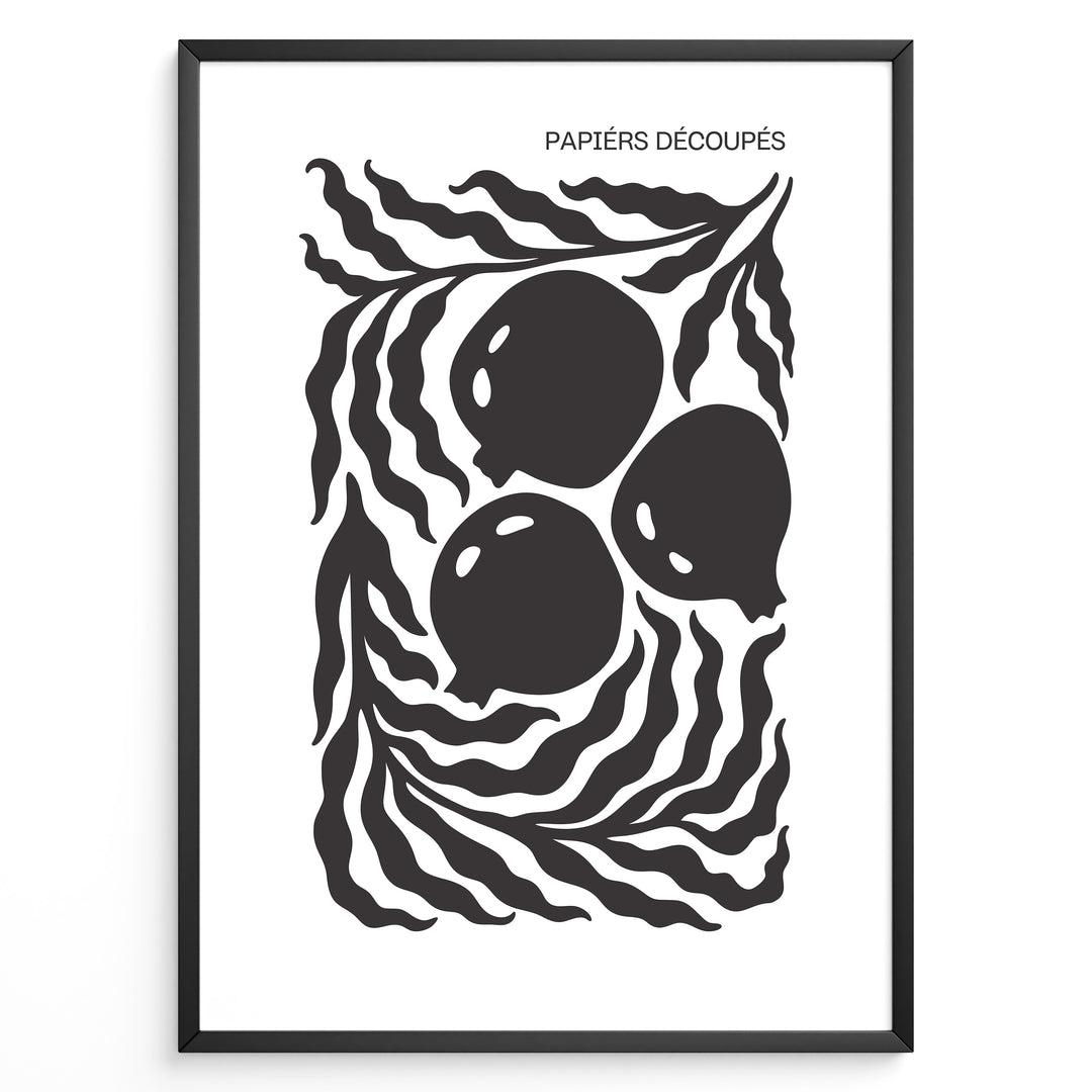 Papiers Découpés Plakat | Matisse Poster | Tre store cirkulære former omgivet af bølgende linjer i sort-hvid minimalistisk design