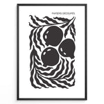 Load image into Gallery viewer, Papiers Découpés Plakat | Matisse Poster | Tre store cirkulære former omgivet af bølgende linjer i sort-hvid minimalistisk design
