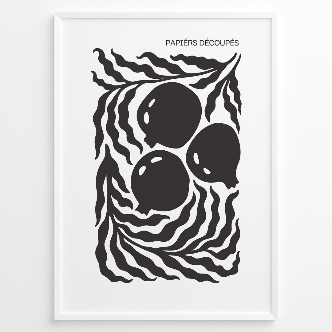 Papiers Découpés Plakat | Matisse Poster | Tre store cirkulære former omgivet af bølgende linjer i sort-hvid minimalistisk design