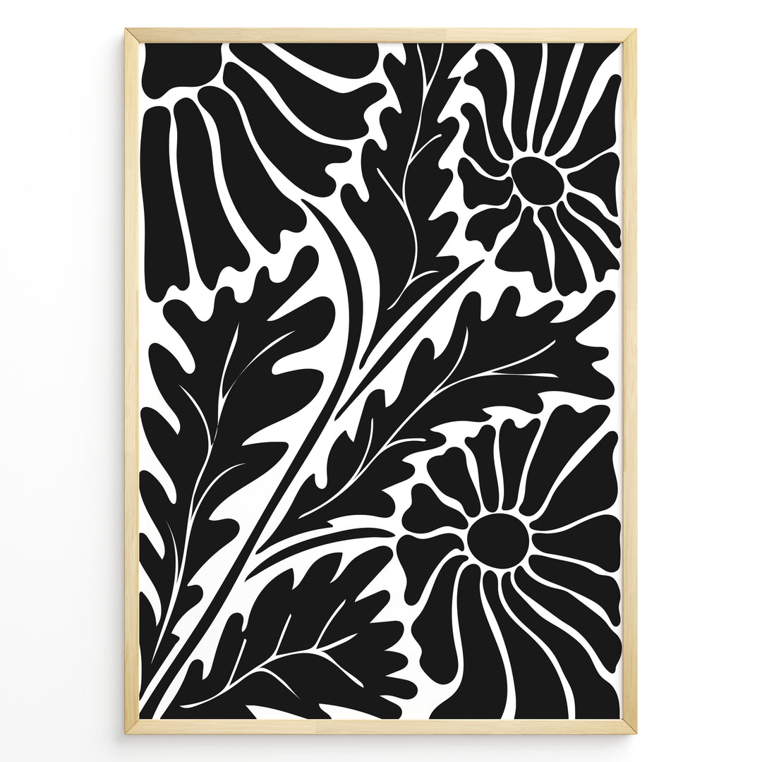 Noir Floral Plakat | Matisse Poster | Abstrakte sorte blomster og blade på hvid baggrund