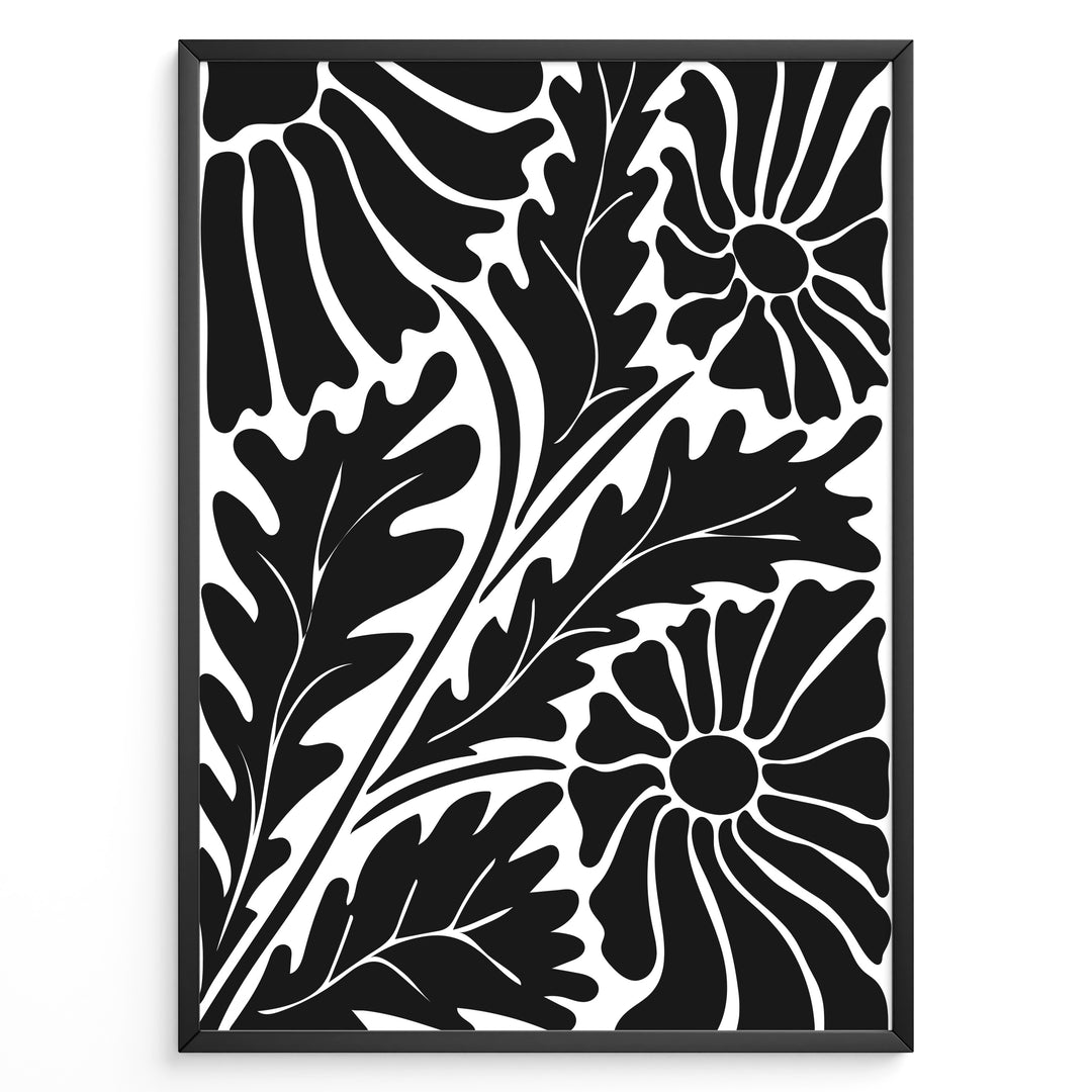 Noir Floral Plakat | Matisse Poster | Abstrakte sorte blomster og blade på hvid baggrund