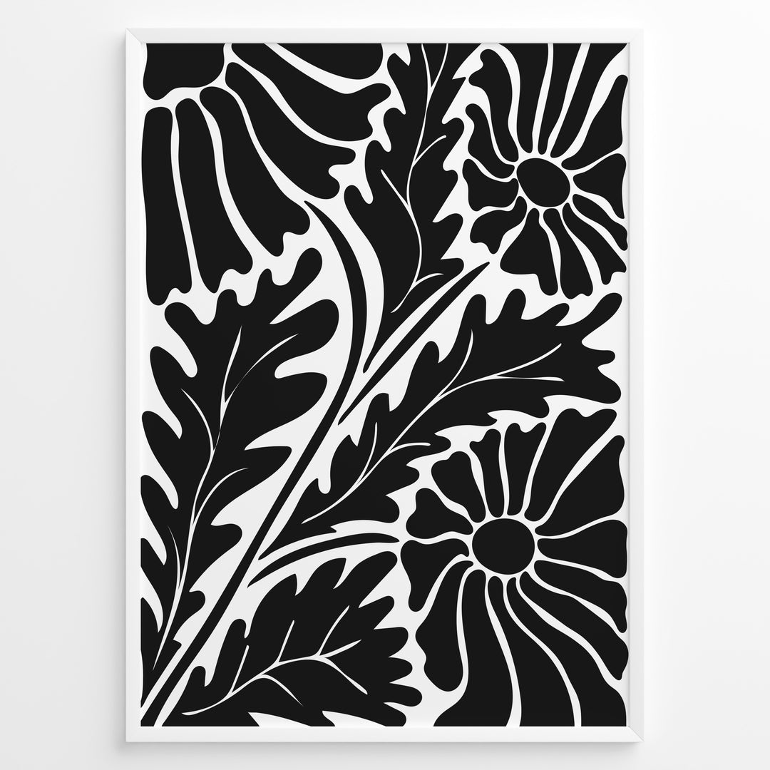 Noir Floral Plakat | Matisse Poster | Abstrakte sorte blomster og blade på hvid baggrund