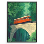 Load image into Gallery viewer, Vintage-style poster of a red tram crossing a decorative stone bridge in a dense green forest, framed in a black border.
