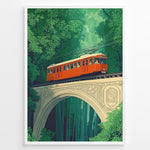 Load image into Gallery viewer, Vintage-style poster of a red tram crossing a decorative stone bridge in a dense green forest, framed in a black border.
