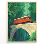 Load image into Gallery viewer, Vintage-style poster of a red tram crossing a decorative stone bridge in a dense green forest, framed in a black border.
