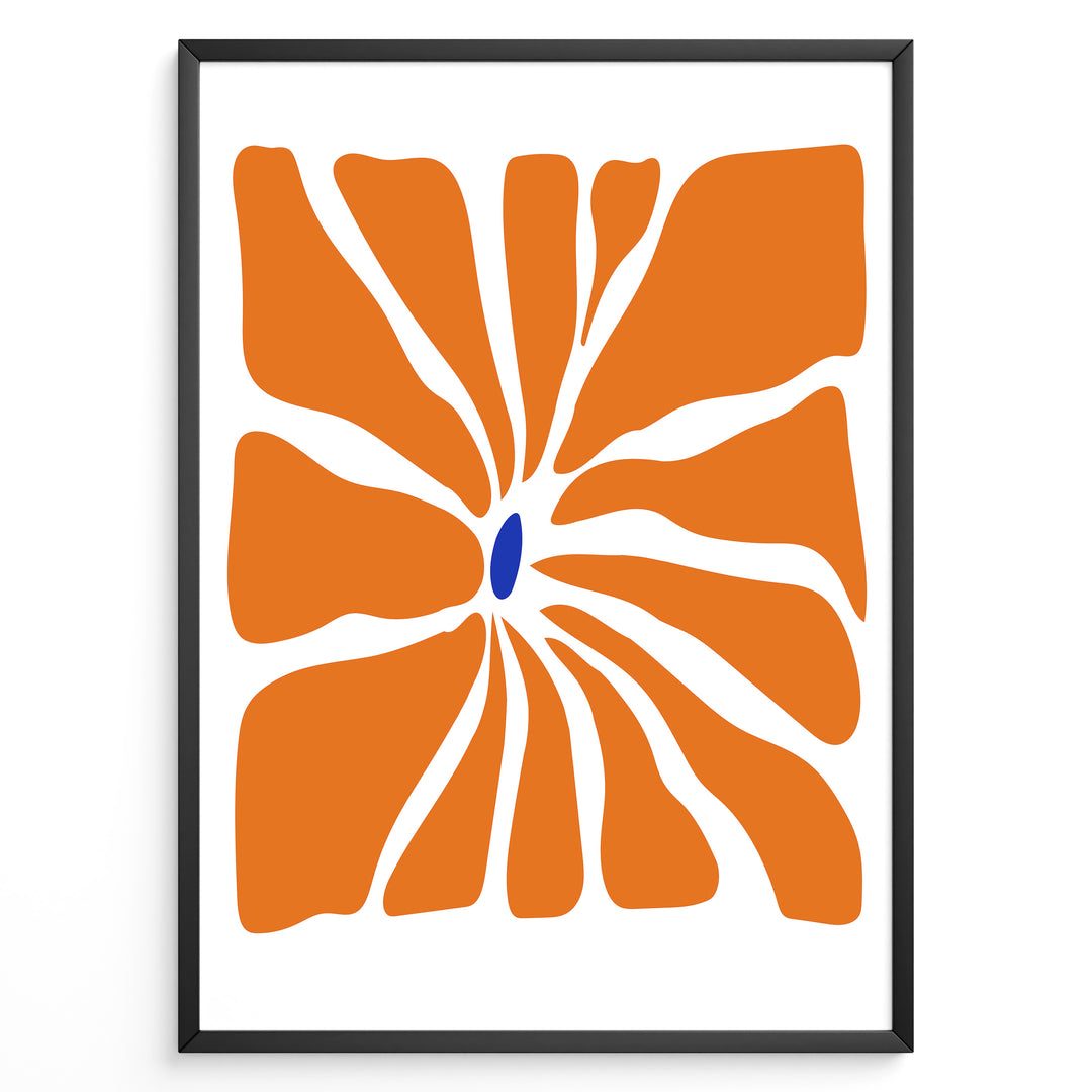 Radiant Bloom Plakat | Matisse Poster | Dynamisk orange blomstermønster omkring en dybblå oval