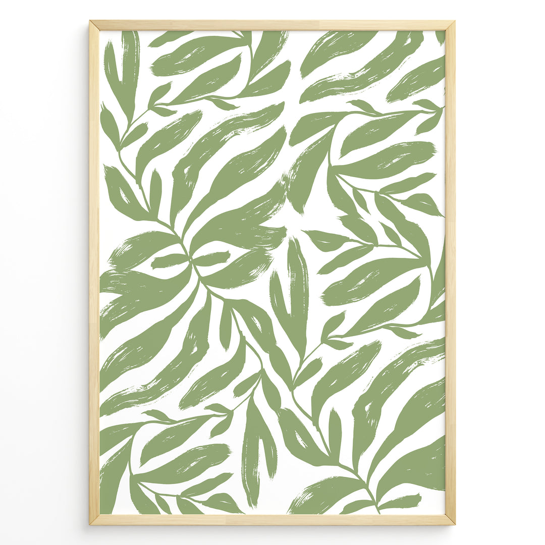 Verdant Flow Plakat | Matisse Poster | Dynamisk mønster af grønne stiliserede blade på hvid baggrund