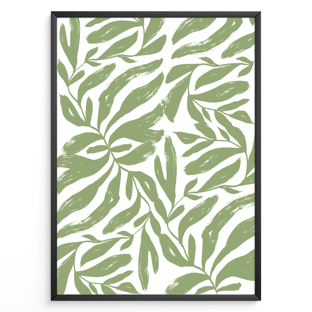 Verdant Flow Plakat | Matisse Poster | Dynamisk mønster af grønne stiliserede blade på hvid baggrund