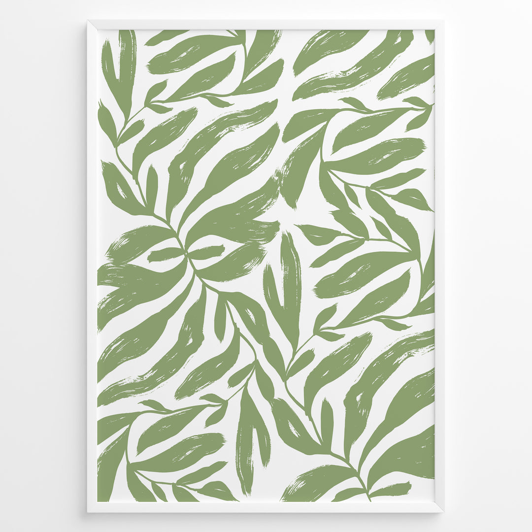 Verdant Flow Plakat | Matisse Poster | Dynamisk mønster af grønne stiliserede blade på hvid baggrund