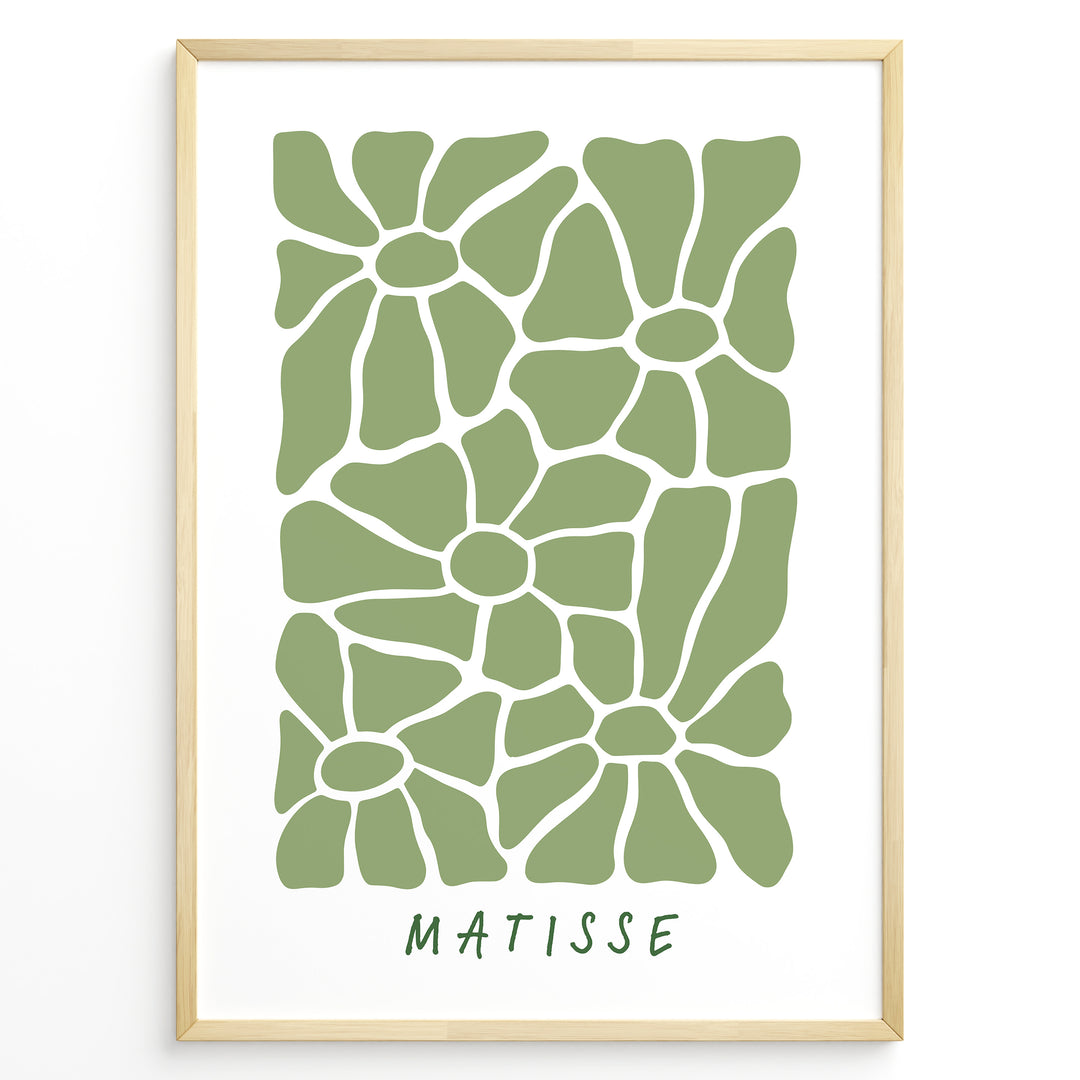 Verdant Petals Plakat | Matisse Poster | Abstrakte grønne former arrangeret som stiliserede blomsterblade på hvid baggrund