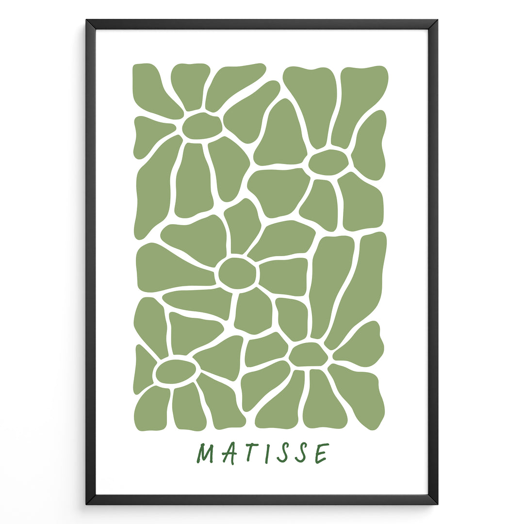 Verdant Petals Plakat | Matisse Poster | Abstrakte grønne former arrangeret som stiliserede blomsterblade på hvid baggrund