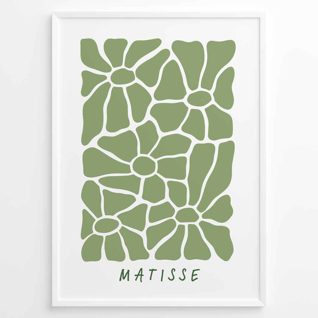 Verdant Petals Plakat | Matisse Poster | Abstrakte grønne former arrangeret som stiliserede blomsterblade på hvid baggrund