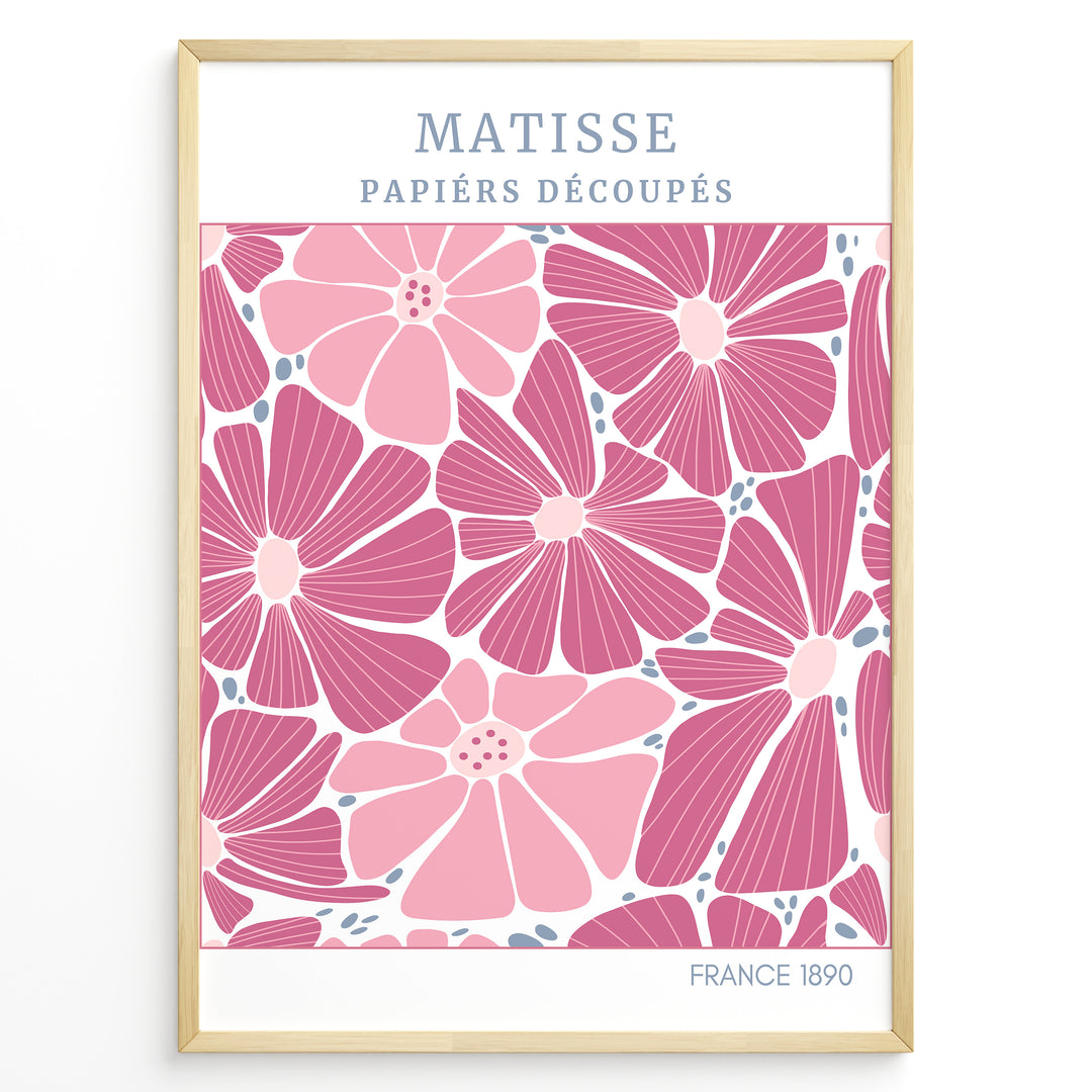 Papiers Découpés Floral Plakat | Matisse Poster | Stiliserede pink og lilla blomster med blå detaljer