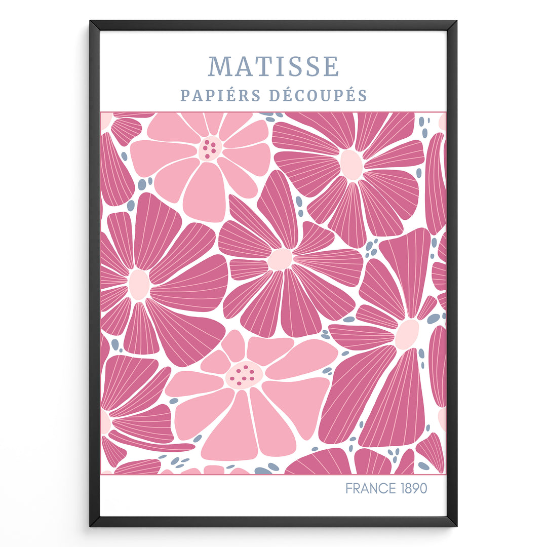 Papiers Découpés Floral Plakat | Matisse Poster | Stiliserede pink og lilla blomster med blå detaljer