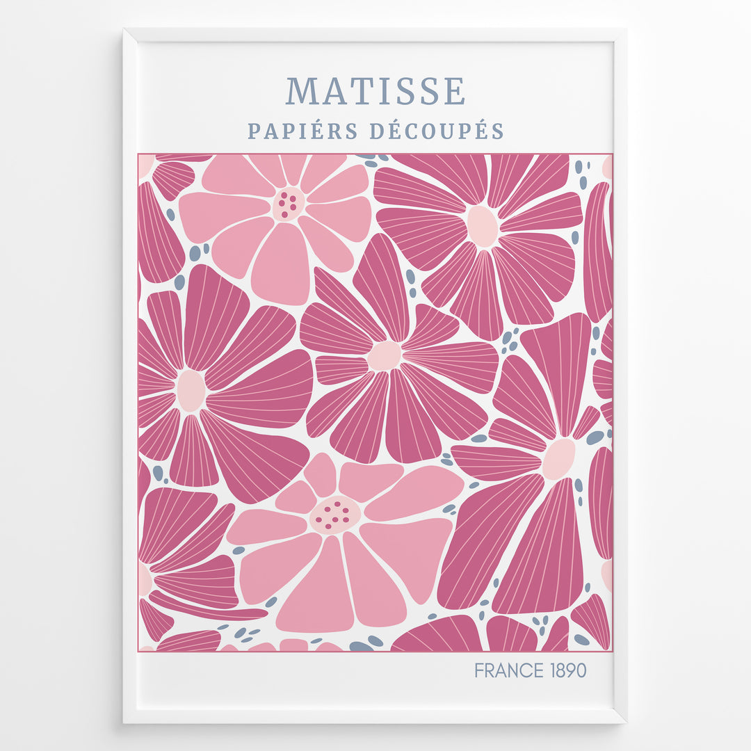 Papiers Découpés Floral Plakat | Matisse Poster | Stiliserede pink og lilla blomster med blå detaljer