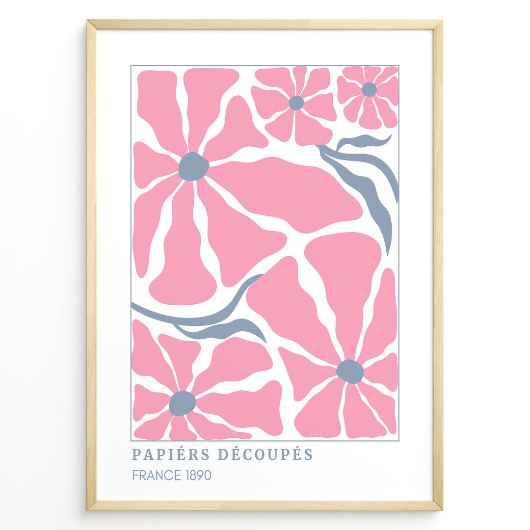 Papiers Découpés Floral Plakat | Matisse Poster | Store pink blomster med blå centre og stiliserede blå stængler