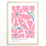 Load image into Gallery viewer, Papiers Découpés Floral Plakat | Matisse Poster | Store pink blomster med blå centre og stiliserede blå stængler
