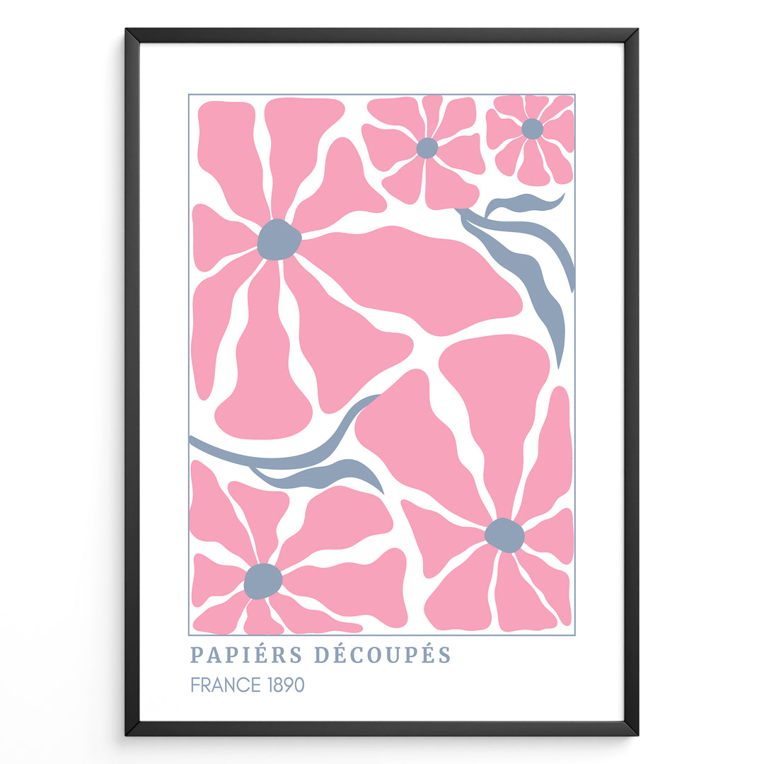 Papiers Découpés Floral Plakat | Matisse Poster | Store pink blomster med blå centre og stiliserede blå stængler