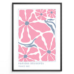 Load image into Gallery viewer, Papiers Découpés Floral Plakat | Matisse Poster | Store pink blomster med blå centre og stiliserede blå stængler
