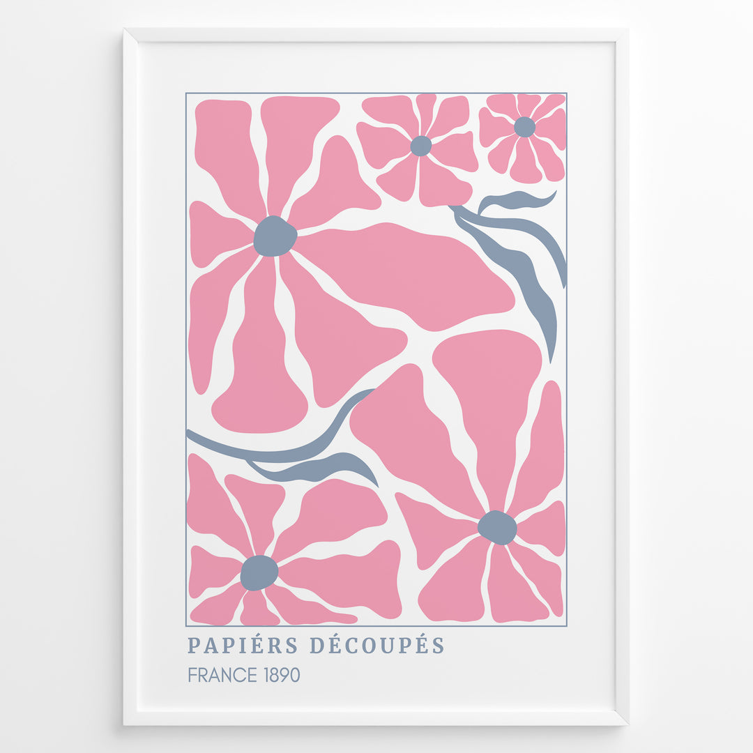Papiers Découpés Floral Plakat | Matisse Poster | Store pink blomster med blå centre og stiliserede blå stængler
