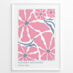 Load image into Gallery viewer, Papiers Découpés Floral Plakat | Matisse Poster | Store pink blomster med blå centre og stiliserede blå stængler
