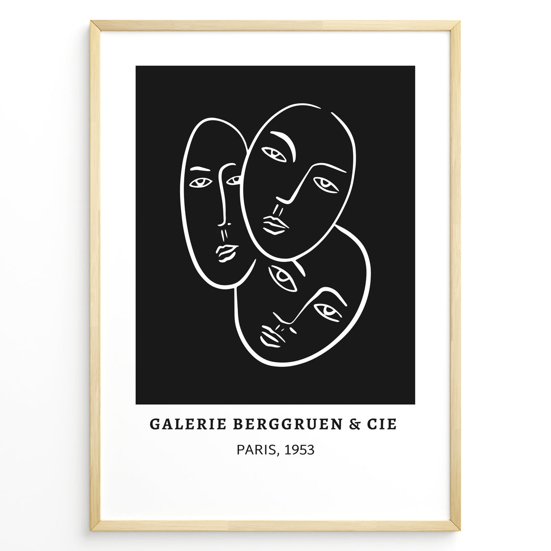 Galerie Berggruen Plakat | Matisse Poster | Tre abstrakte ansigter tegnet med hvide linjer på sort baggrund